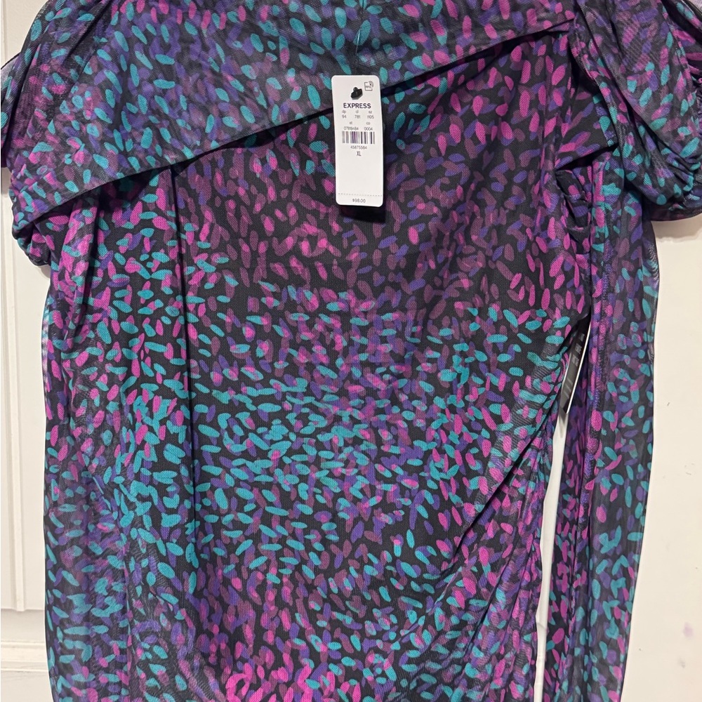 Express Sheer Dress in Teal, Purple & Black Abstract Print